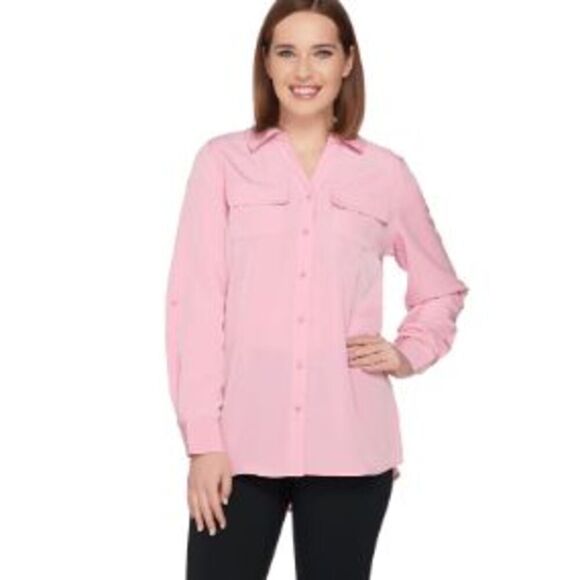 Denim & Co Women 2X Button Front Long Top Pink White Stripe Roll Tab Sleeves NWT - Picture 1 of 7
